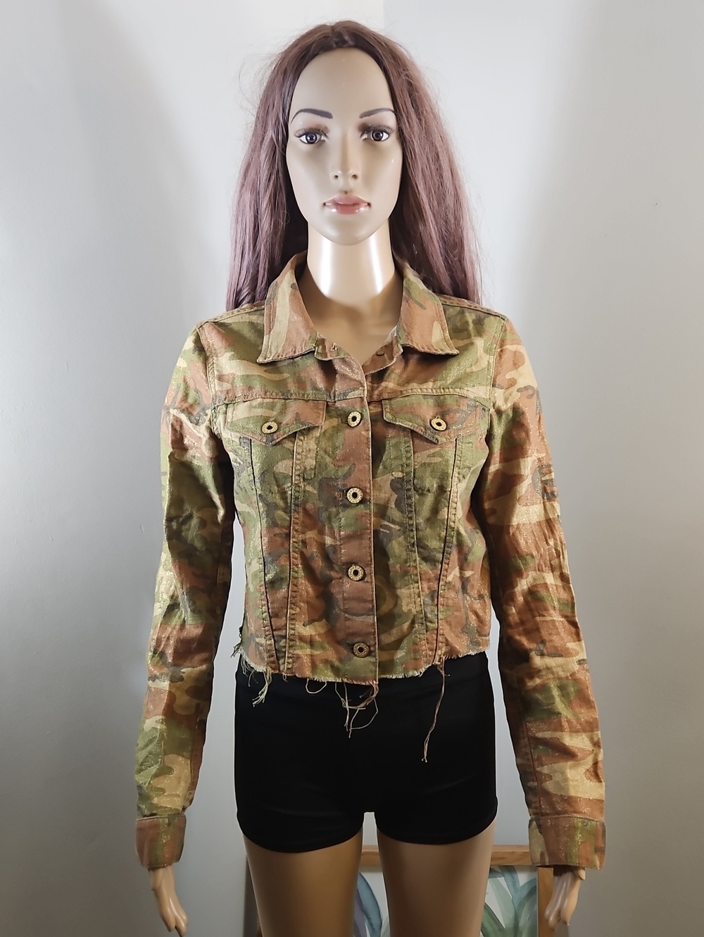 Ralph Lauren BLUE LABEL Shiny Camo Crop Polo Shirt Long Sleeve Linen Button Down